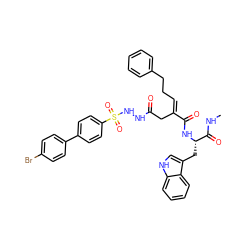 CNC(=O)[C@H](Cc1c[nH]c2ccccc12)NC(=O)/C(=C/CCc1ccccc1)CC(=O)NNS(=O)(=O)c1ccc(-c2ccc(Br)cc2)cc1 ZINC000095616034