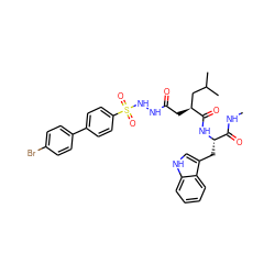 CNC(=O)[C@H](Cc1c[nH]c2ccccc12)NC(=O)[C@@H](CC(=O)NNS(=O)(=O)c1ccc(-c2ccc(Br)cc2)cc1)CC(C)C ZINC000049899446