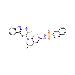 CNC(=O)[C@H](Cc1c[nH]c2ccccc12)NC(=O)[C@@H](CC(=O)NNS(=O)(=O)c1ccc2ccccc2c1)CC(C)C ZINC000049877778