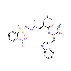 CNC(=O)[C@H](Cc1c[nH]c2ccccc12)NC(=O)[C@@H](CC(=O)NNS(=O)(=O)c1ccccc1[N+](=O)[O-])CC(C)C ZINC000049881616