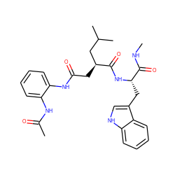 CNC(=O)[C@H](Cc1c[nH]c2ccccc12)NC(=O)[C@@H](CC(=O)Nc1ccccc1NC(C)=O)CC(C)C ZINC000653918665