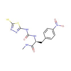 CNC(=O)[C@H](Cc1ccc([N+](=O)[O-])cc1)NC(=O)Nc1nnc(S)s1 ZINC000013796959