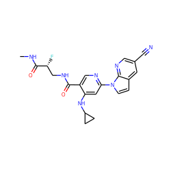 CNC(=O)[C@H](F)CNC(=O)c1cnc(-n2ccc3cc(C#N)cnc32)cc1NC1CC1 ZINC001772582668