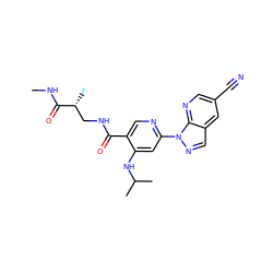CNC(=O)[C@H](F)CNC(=O)c1cnc(-n2ncc3cc(C#N)cnc32)cc1NC(C)C ZINC001772619910