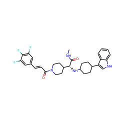 CNC(=O)[C@H](NC1CCC(c2c[nH]c3ccccc23)CC1)C1CCN(C(=O)/C=C/c2cc(F)c(F)c(F)c2)CC1 ZINC000073196351