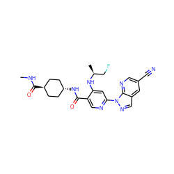 CNC(=O)[C@H]1CC[C@H](NC(=O)c2cnc(-n3ncc4cc(C#N)cnc43)cc2N[C@@H](C)CF)CC1 ZINC001772599423