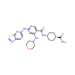 CNC(=O)[C@H]1CC[C@H](NC(=O)c2cnc(Nc3ccc4ncsc4n3)cc2NC2CCOCC2)CC1 ZINC000299820024