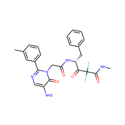 CNC(=O)C(F)(F)C(=O)[C@@H](Cc1ccccc1)NC(=O)Cn1c(-c2cccc(C)c2)ncc(N)c1=O ZINC000013862595