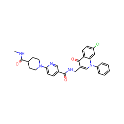 CNC(=O)C1CCN(c2ccc(C(=O)NCc3cn(-c4ccccc4)c4cc(Cl)ccc4c3=O)cn2)CC1 ZINC000169694278