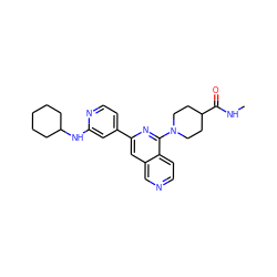 CNC(=O)C1CCN(c2nc(-c3ccnc(NC4CCCCC4)c3)cc3cnccc23)CC1 ZINC000058541582