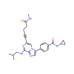 CNC(=O)CCC#Cc1cn2c(-c3ccc(C(=O)NC4CC4)cc3)cnc2c(NCC(C)C)n1 ZINC000072318716