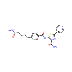 CNC(=O)CCCCc1ccc(C(=O)Nc2sc(-c3ccncc3)nc2C(N)=O)cc1 ZINC000149959693