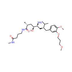 CNC(=O)CCCNC(=O)[C@H](C)C[C@H](O)[C@@H](N)C[C@H](Cc1ccc(OC)c(OCCCOC)c1)C(C)C ZINC000014967612