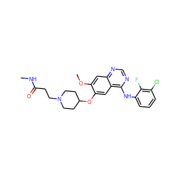 CNC(=O)CCN1CCC(Oc2cc3c(Nc4cccc(Cl)c4F)ncnc3cc2OC)CC1 ZINC000096921648