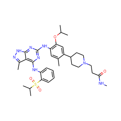 CNC(=O)CCN1CCC(c2cc(OC(C)C)c(Nc3nc(Nc4ccccc4S(=O)(=O)C(C)C)c4c(C)n[nH]c4n3)cc2C)CC1 ZINC000096177926