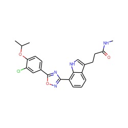 CNC(=O)CCc1c[nH]c2c(-c3noc(-c4ccc(OC(C)C)c(Cl)c4)n3)cccc12 ZINC000084618308