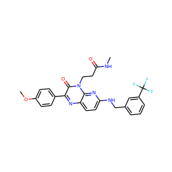 CNC(=O)CCn1c(=O)c(-c2ccc(OC)cc2)nc2ccc(NCc3cccc(C(F)(F)F)c3)nc21 ZINC000040952842