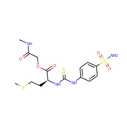 CNC(=O)COC(=O)[C@H](CCSC)NC(=S)Nc1ccc(S(N)(=O)=O)cc1 ZINC000028395126