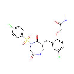 CNC(=O)COc1ccc(Cl)cc1C[C@@H]1CNC(=O)CN(S(=O)(=O)c2ccc(Cl)cc2)C1=O ZINC000028894348