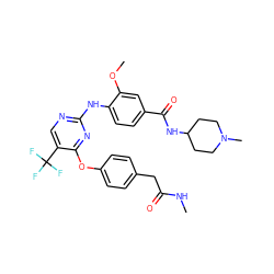 CNC(=O)Cc1ccc(Oc2nc(Nc3ccc(C(=O)NC4CCN(C)CC4)cc3OC)ncc2C(F)(F)F)cc1 ZINC000148451085