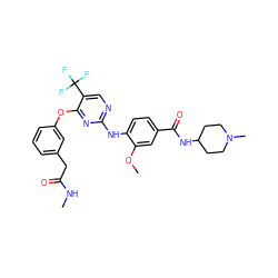 CNC(=O)Cc1cccc(Oc2nc(Nc3ccc(C(=O)NC4CCN(C)CC4)cc3OC)ncc2C(F)(F)F)c1 ZINC000148450216