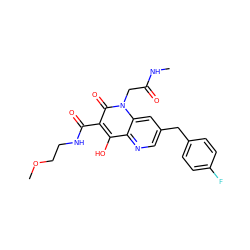 CNC(=O)Cn1c(=O)c(C(=O)NCCOC)c(O)c2ncc(Cc3ccc(F)cc3)cc21 ZINC000150296010