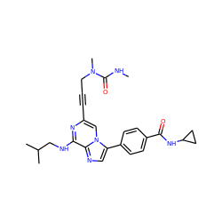 CNC(=O)N(C)CC#Cc1cn2c(-c3ccc(C(=O)NC4CC4)cc3)cnc2c(NCC(C)C)n1 ZINC000199080605