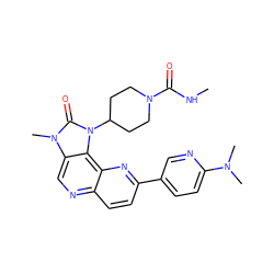 CNC(=O)N1CCC(n2c(=O)n(C)c3cnc4ccc(-c5ccc(N(C)C)nc5)nc4c32)CC1 ZINC000118533382