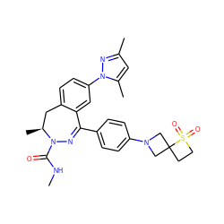 CNC(=O)N1N=C(c2ccc(N3CC4(CCS4(=O)=O)C3)cc2)c2cc(-n3nc(C)cc3C)ccc2C[C@@H]1C ZINC000220977316