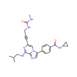 CNC(=O)NCC#Cc1cn2c(-c3ccc(C(=O)NC4CC4)cc3)cnc2c(NCC(C)C)n1 ZINC000199077767