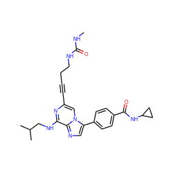 CNC(=O)NCCC#Cc1cn2c(-c3ccc(C(=O)NC4CC4)cc3)cnc2c(NCC(C)C)n1 ZINC000199080626