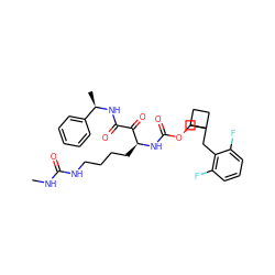 CNC(=O)NCCCC[C@H](NC(=O)OCC1(Cc2c(F)cccc2F)CCC1)C(=O)C(=O)N[C@H](C)c1ccccc1 ZINC000028388046