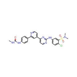 CNC(=O)Nc1ccc(-c2cc(-c3ccnc(Nc4ccc(Cl)c(S(=O)(=O)N(C)C)c4)n3)ccn2)cc1 ZINC000095573784