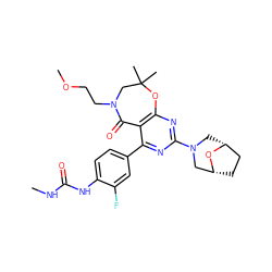 CNC(=O)Nc1ccc(-c2nc(N3C[C@@H]4CC[C@H](C3)O4)nc3c2C(=O)N(CCOC)CC(C)(C)O3)cc1F ZINC000225296127