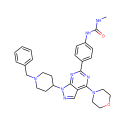 CNC(=O)Nc1ccc(-c2nc(N3CCOCC3)c3cnn(C4CCN(Cc5ccccc5)CC4)c3n2)cc1 ZINC000043065145