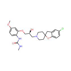 CNC(=O)Nc1ccc(OC)cc1OC[C@@H](O)CN1CCC2(CC1)Cc1cc(Cl)ccc1O2 ZINC000103235598