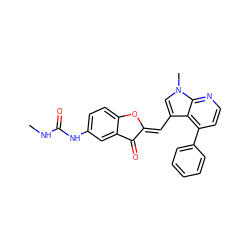 CNC(=O)Nc1ccc2c(c1)C(=O)/C(=C/c1cn(C)c3nccc(-c4ccccc4)c13)O2 ZINC000049071659