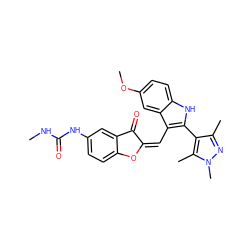 CNC(=O)Nc1ccc2c(c1)C(=O)/C(=C\c1c(-c3c(C)nn(C)c3C)[nH]c3ccc(OC)cc13)O2 ZINC000049785070