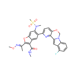 CNC(=O)c1c(/C(C)=N/OC)oc2cc(N(C)S(C)(=O)=O)c(-c3ccc4c(n3)-c3cc5c(F)cccc5n3CO4)cc12 ZINC000212212109