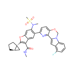 CNC(=O)c1c([C@@]23CCC[C@@H]2C3)oc2cc(N(C)S(C)(=O)=O)c(-c3ccc4c(n3)-c3cc5c(F)cccc5n3CO4)cc12 ZINC000212272572