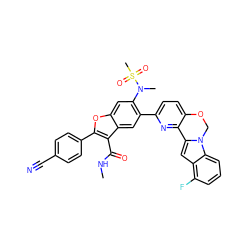 CNC(=O)c1c(-c2ccc(C#N)cc2)oc2cc(N(C)S(C)(=O)=O)c(-c3ccc4c(n3)-c3cc5c(F)cccc5n3CO4)cc12 ZINC000219542055