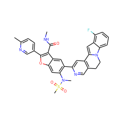 CNC(=O)c1c(-c2ccc(C)nc2)oc2cc(N(C)S(C)(=O)=O)c(-c3cc4c(cn3)CCn3c-4cc4c(F)cccc43)cc12 ZINC000212253596