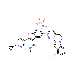 CNC(=O)c1c(-c2ccc(C3CC3)nc2)oc2cc(N(C)S(C)(=O)=O)c(-c3ccc4c(n3)-c3cc5c(F)cccc5n3CC4)cc12 ZINC000212188081