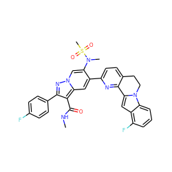 CNC(=O)c1c(-c2ccc(F)cc2)nn2cc(N(C)S(C)(=O)=O)c(-c3ccc4c(n3)-c3cc5c(F)cccc5n3CC4)cc12 ZINC000220464964