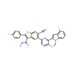 CNC(=O)c1c(-c2ccc(F)cc2)oc2cc(C#N)c(-c3ccc4c(n3)-c3cc5c(F)cccc5n3CO4)cc12 ZINC000146698885