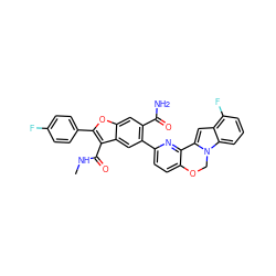 CNC(=O)c1c(-c2ccc(F)cc2)oc2cc(C(N)=O)c(-c3ccc4c(n3)-c3cc5c(F)cccc5n3CO4)cc12 ZINC000148303609