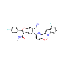 CNC(=O)c1c(-c2ccc(F)cc2)oc2cc(CN)c(-c3ccc4c(n3)-c3cc5c(F)cccc5n3CO4)cc12 ZINC000148265385