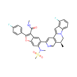 CNC(=O)c1c(-c2ccc(F)cc2)oc2cc(N(C)S(C)(=O)=O)c(-c3cc4c(cn3)[C@H](C)Cn3c-4cc4c(F)cccc43)cc12 ZINC000220465349