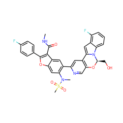 CNC(=O)c1c(-c2ccc(F)cc2)oc2cc(N(C)S(C)(=O)=O)c(-c3cc4c(cn3)O[C@H](CO)n3c-4cc4c(F)cccc43)cc12 ZINC000218299013