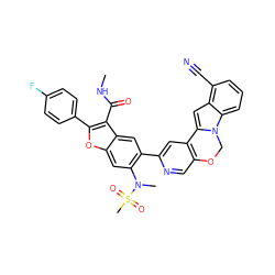 CNC(=O)c1c(-c2ccc(F)cc2)oc2cc(N(C)S(C)(=O)=O)c(-c3cc4c(cn3)OCn3c-4cc4c(C#N)cccc43)cc12 ZINC000148295427